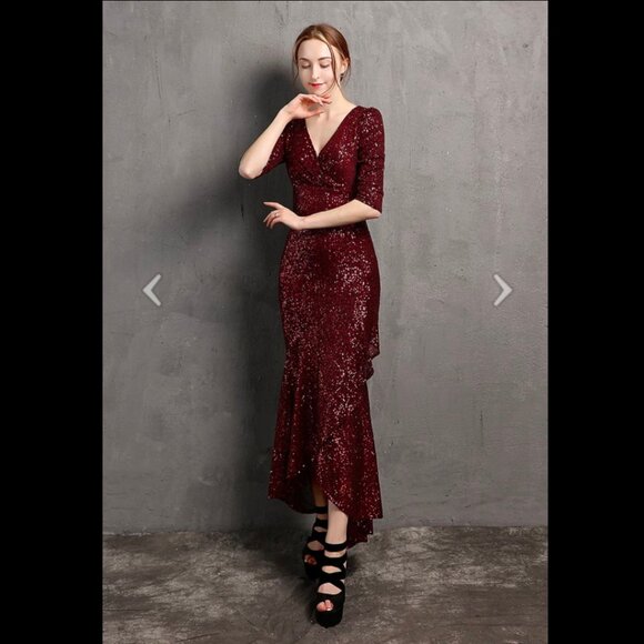 Chicwish | Elbow Sleeve Ruffle Sequined Gown | Burgundy | XL - Picture 2 of 15